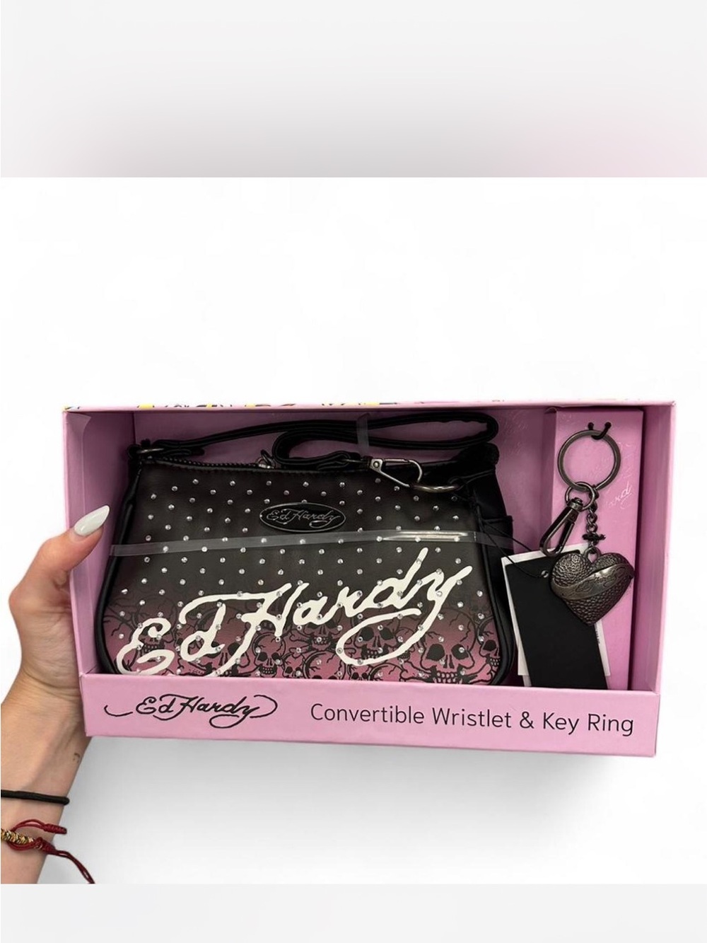 Ed Hardy Black and Pink Convertible Wristlet with Heart Key Ring